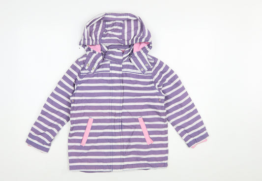 Mini Boden Girls Purple Striped Hooded Rain Coat 7-8 Years Cotton Lined Jacket