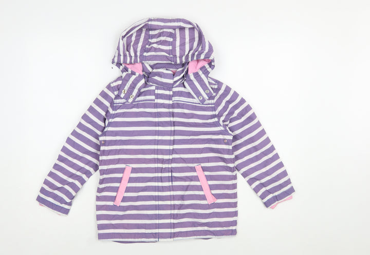 Mini Boden Girls Purple Striped Hooded Rain Coat 7-8 Years Cotton Lined Jacket