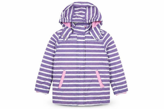 Mini Boden Girls Purple Striped Hooded Rain Coat 7-8 Years Cotton Lined Jacket