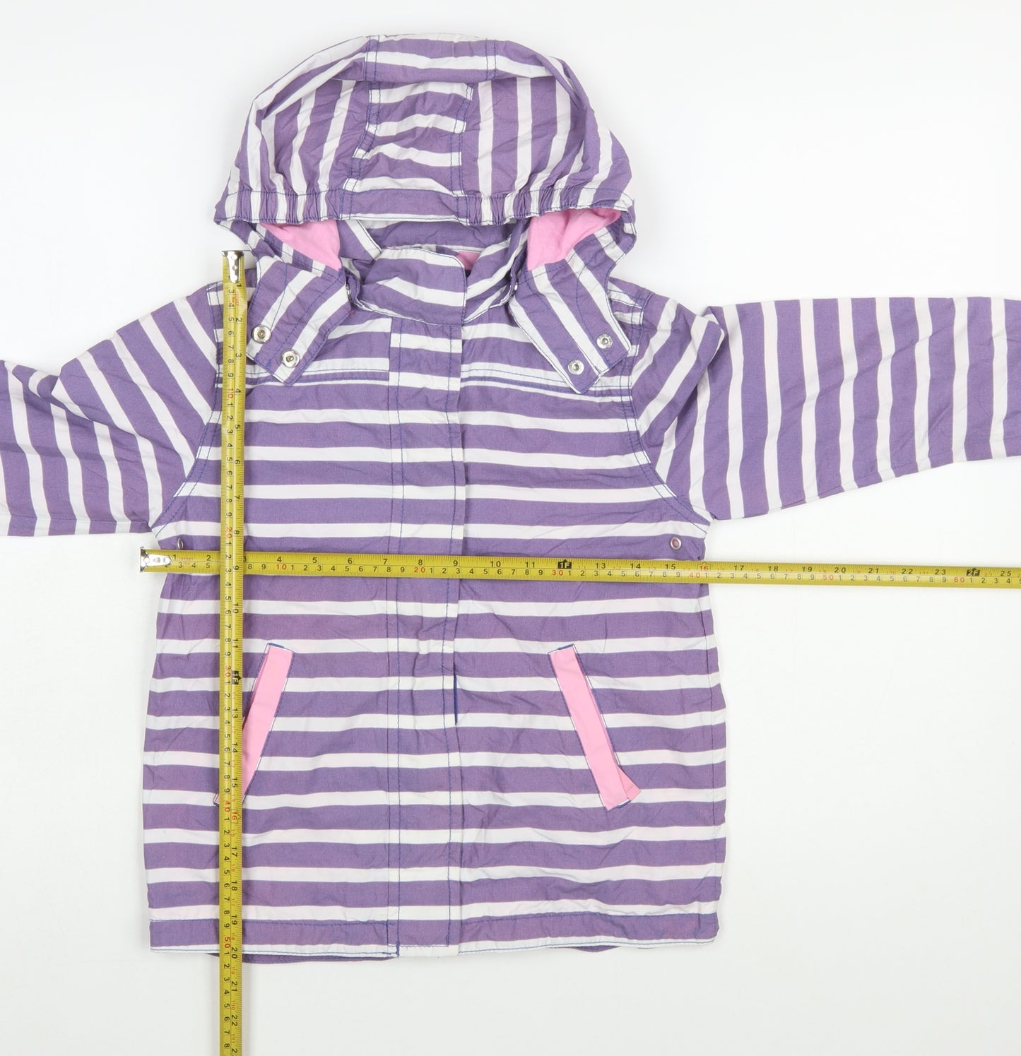 Mini Boden Girls Purple Striped Hooded Rain Coat 7-8 Years Cotton Lined Jacket