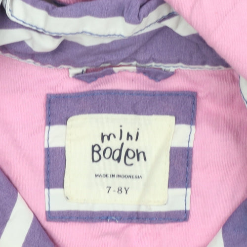 Mini Boden Girls Purple Striped Hooded Rain Coat 7-8 Years Cotton Lined Jacket