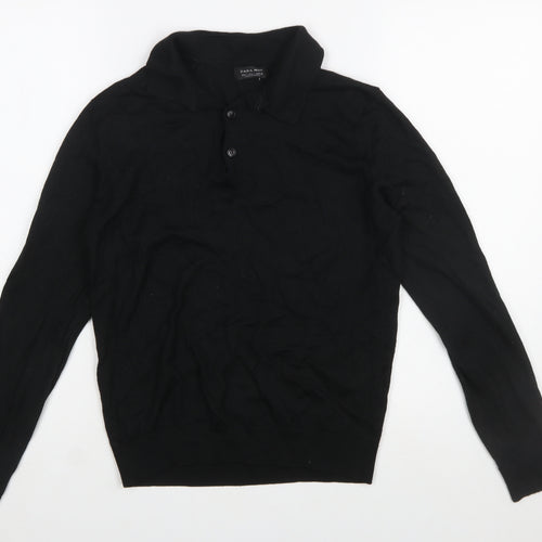 Zara Man Black Collared Henley Jumper Size L Wool Blend