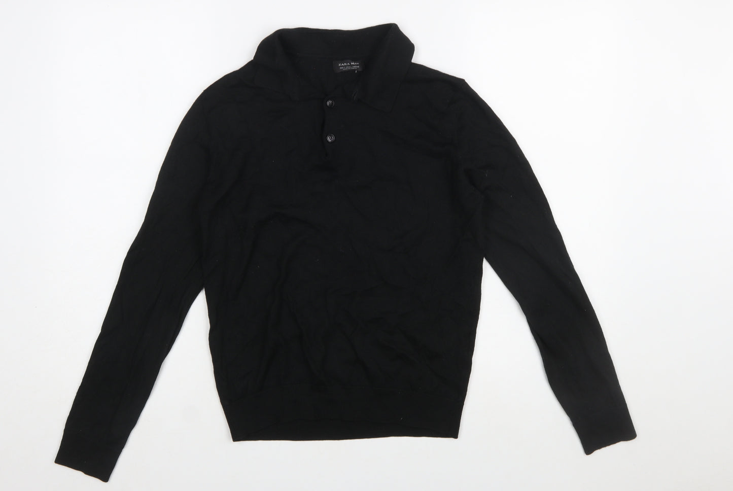 Zara Man Black Collared Henley Jumper Size L Wool Blend