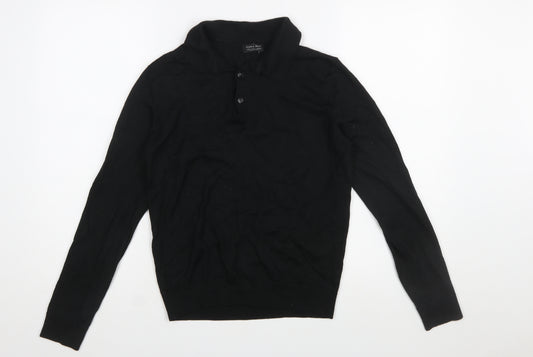 Zara Man Black Collared Henley Jumper Size L Wool Blend