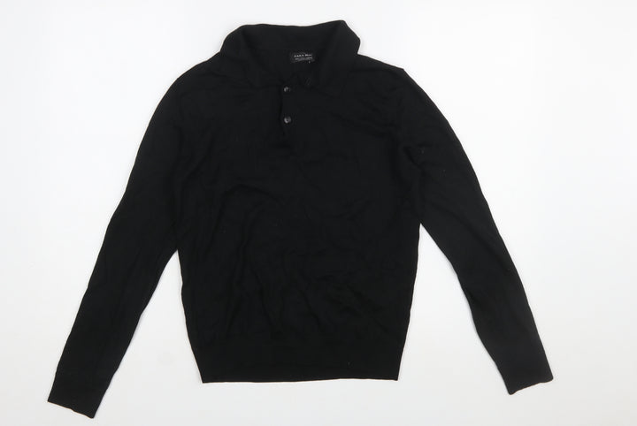 Zara Man Black Collared Henley Jumper Size L Wool Blend