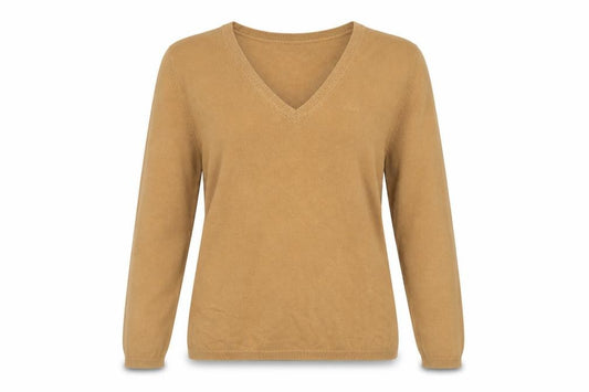 Front view of Sand White Women’s Beige V-Neck Cotton Jumper, size L