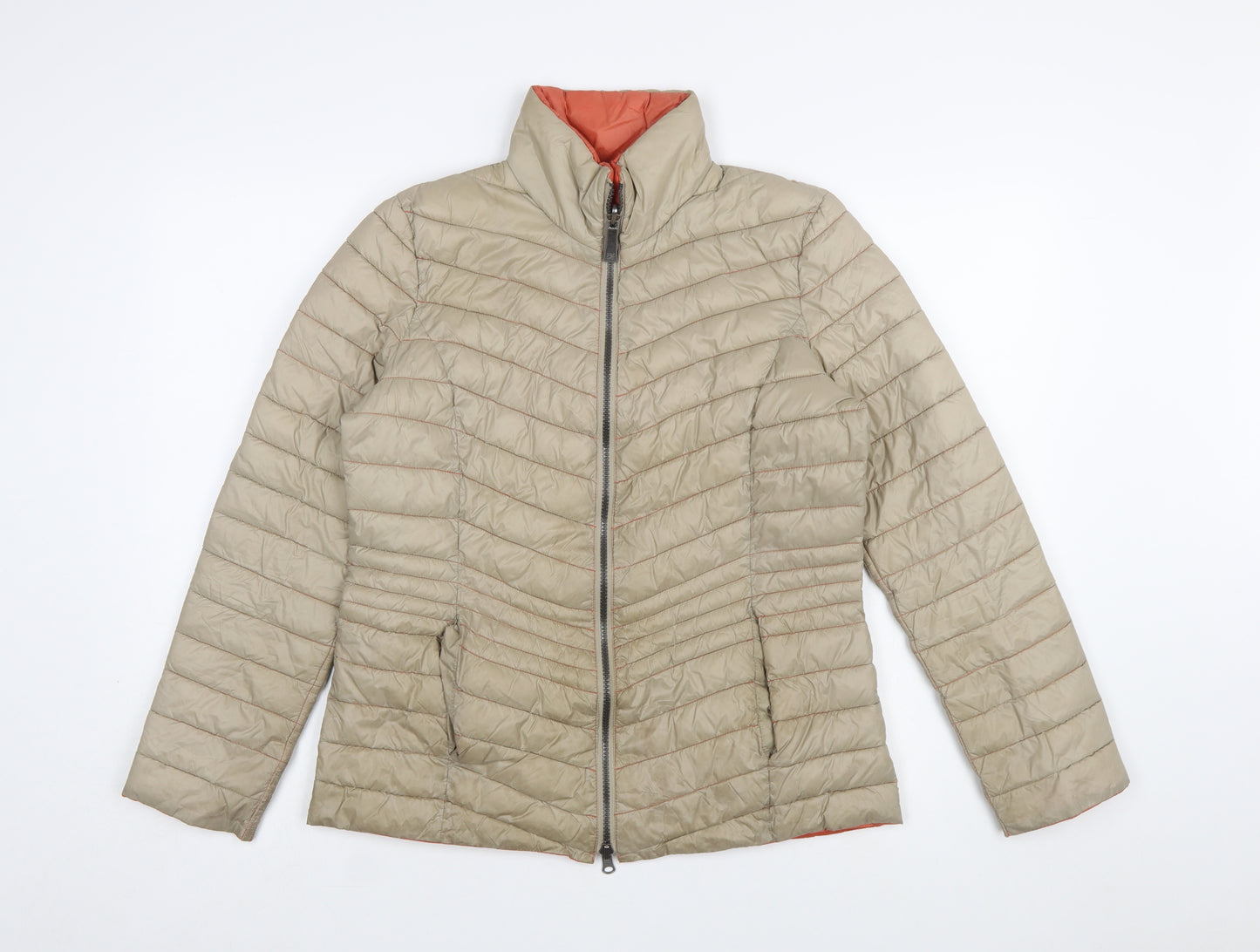 Barbara Lebek Women Beige Puffer Jacket Size 10 Quilted Mid-Length