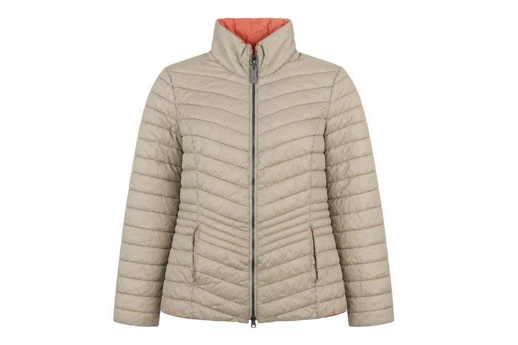 Front view of Barbara Lebek Women Beige Puffer Jacket, size 10, Quilted Mid-Length