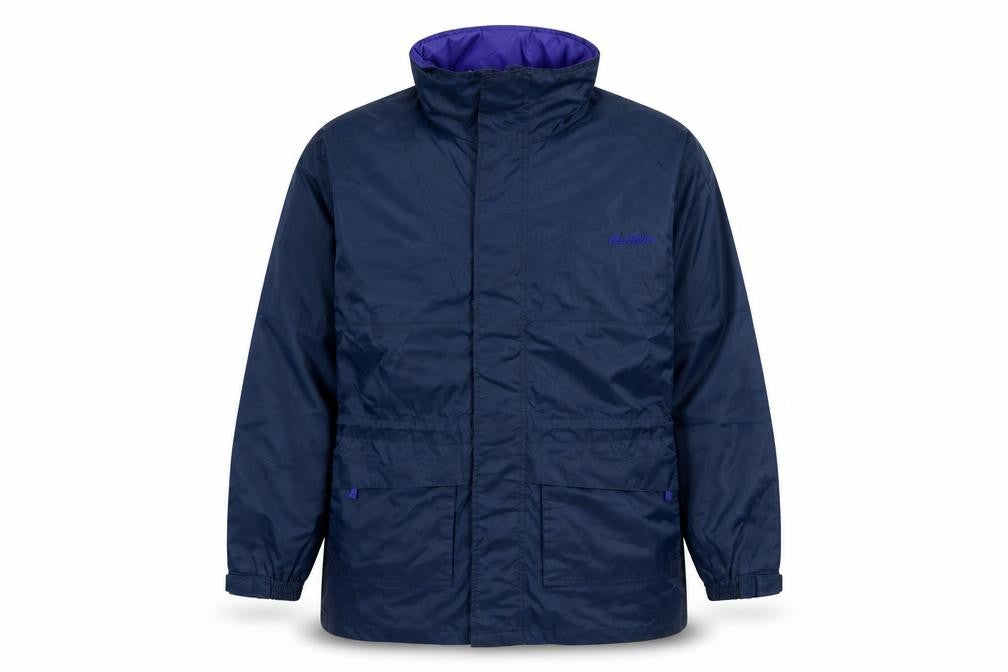 Front view of Peter Storm boys’ blue waterproof hooded rain coat jacket 11-12 years
