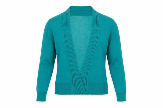 Front view of Monsoon Women Green Wrap Knit Long Sleeve V-Neck Blouse, size 10