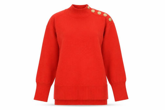 Front view of River Island Women's Red Mock Neck Button Detail Jumper, size S
