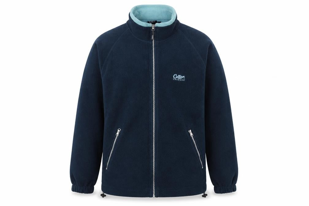 Front view of Cotton Traders Men’s Blue Fleece Full Zip Jacket, size M