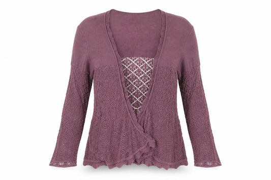 Front view of Laura Ashley Women Purple Open Knit Cardigan UK 10