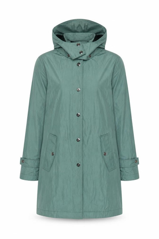 Front view of Four Seasons London Women's Green Hooded Long Rain Coat, size L