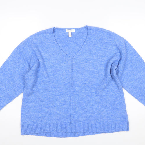 H&M Women Blue V-Neck Pullover Jumper Size M Relaxed Fit Wool Blend
