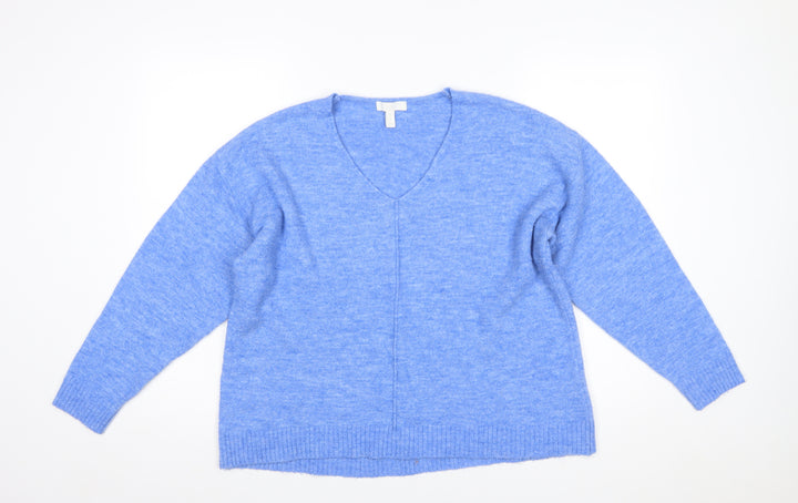 H&M Women Blue V-Neck Pullover Jumper Size M Relaxed Fit Wool Blend