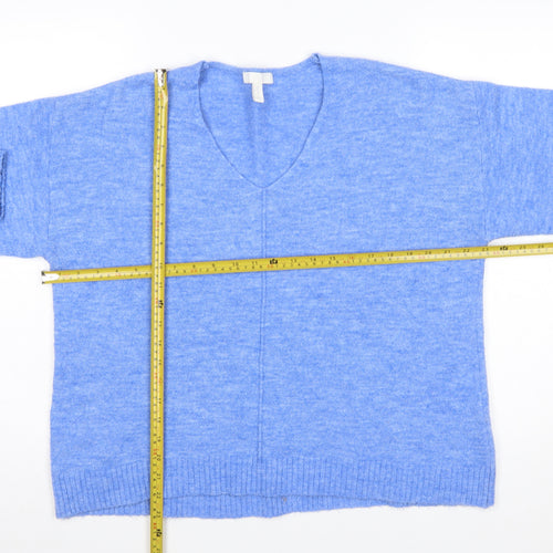 H&M Women Blue V-Neck Pullover Jumper Size M Relaxed Fit Wool Blend