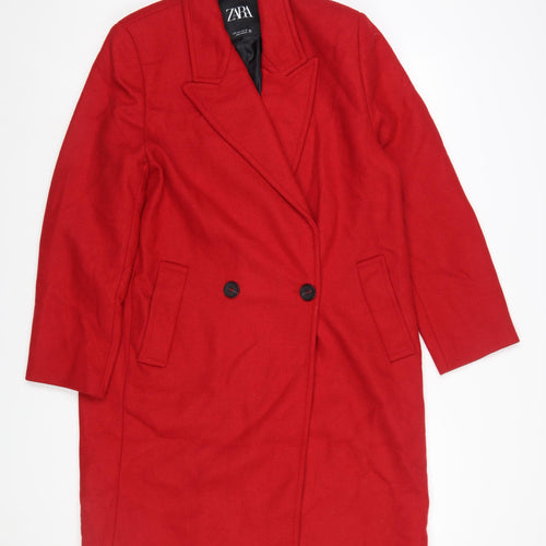 Zara Women Red Wool Blend Long Overcoat Size 12 Classic Style