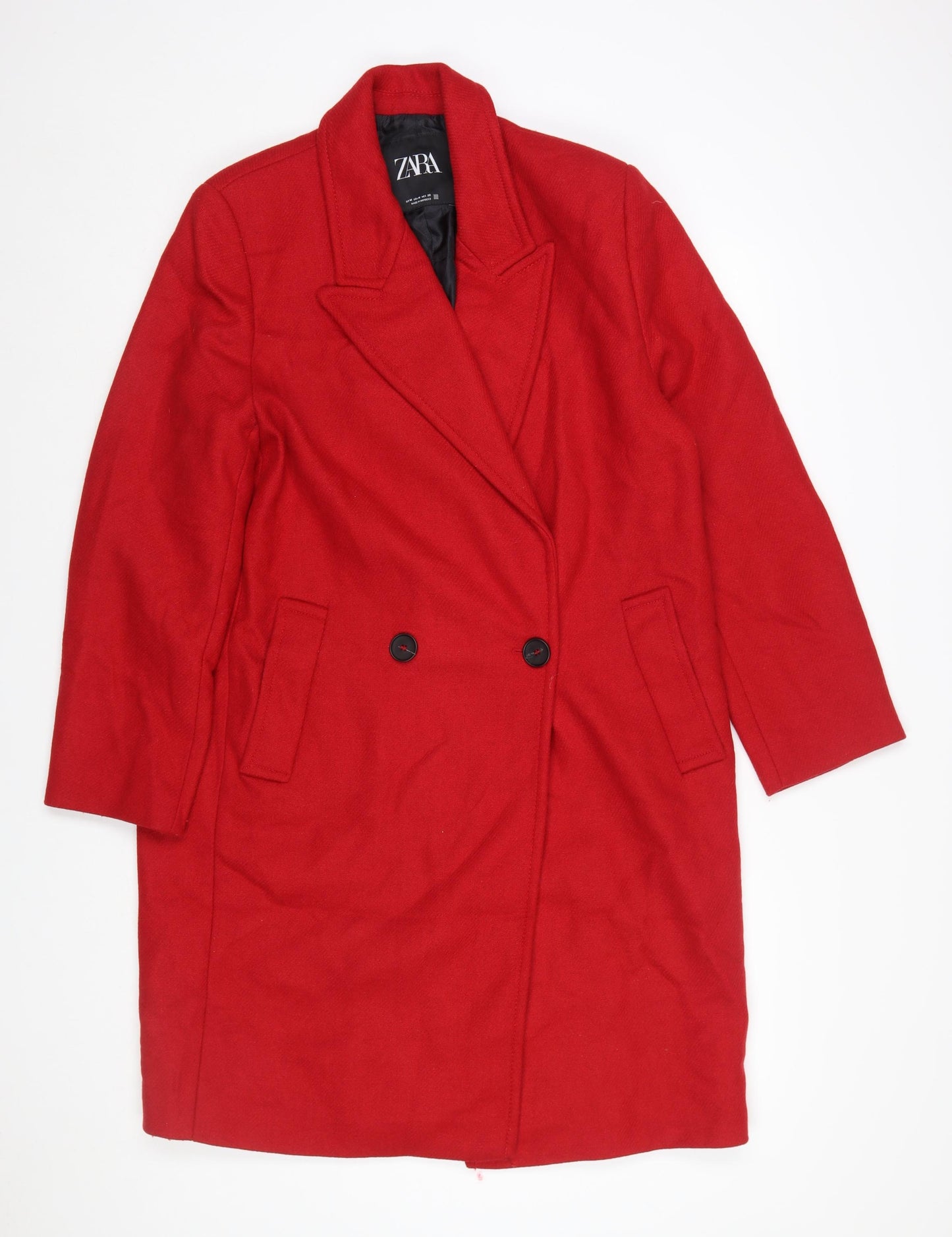 Zara Women Red Wool Blend Long Overcoat Size 12 Classic Style