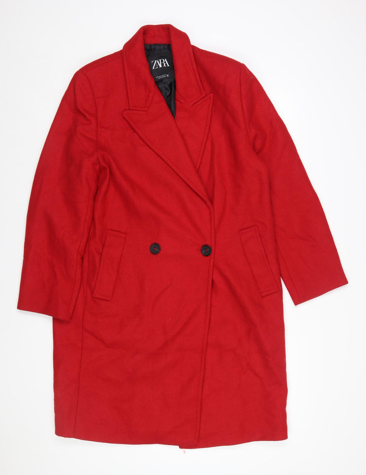 Zara Women Red Wool Blend Long Overcoat Size 12 Classic Style