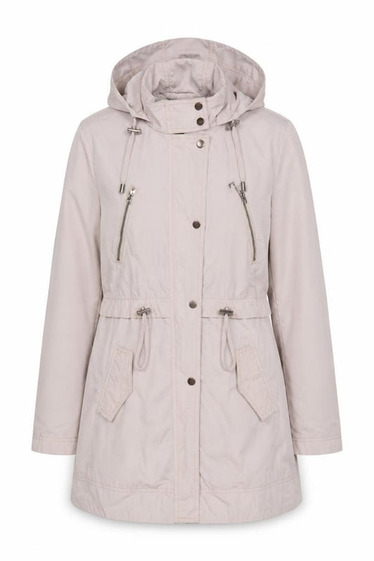Front view of Principles by Ben de Lisi Women's Beige Parka Coat, size 12, Hooded Mid-Length