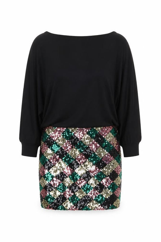 Front view of Phase Eight Women Black Sequin Geometric Bodycon Dress, size 16