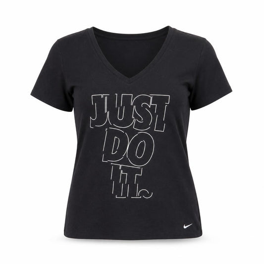 Front view of Nike women’s black dri-fit v-neck t-shirt, size M, sports tee