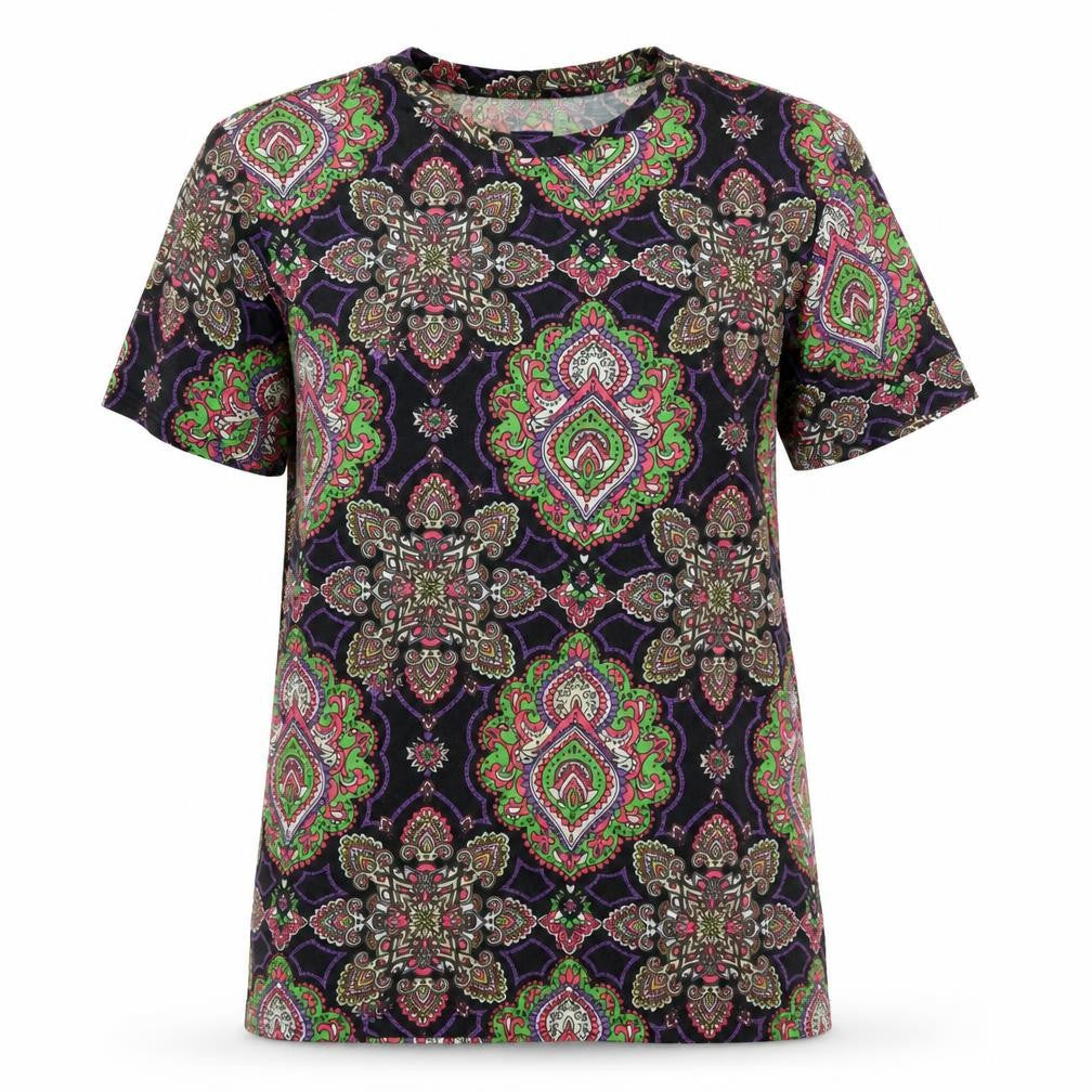 Front view of Urban Threads Women's Multicoloured Paisley Short Sleeve T-Shirt S