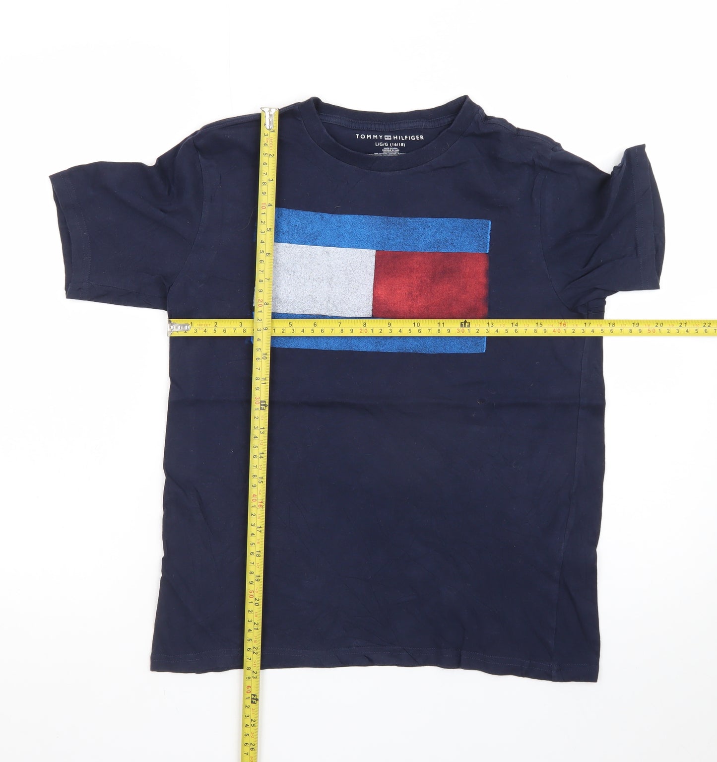 Tommy Hilfiger Men's Navy Blue Flag Logo Cotton T-Shirt L