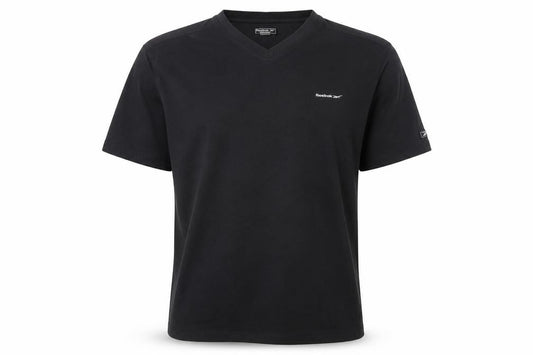 Front view of Reebok men’s black xl v-neck cotton essentials logo t-shirt