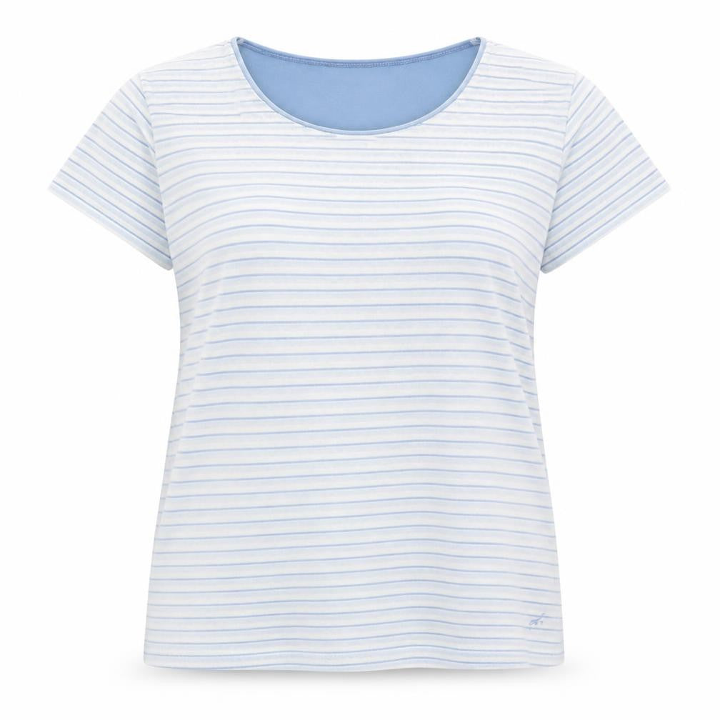 Front view of Dash Women Blue Striped Cotton T-Shirt, size 16