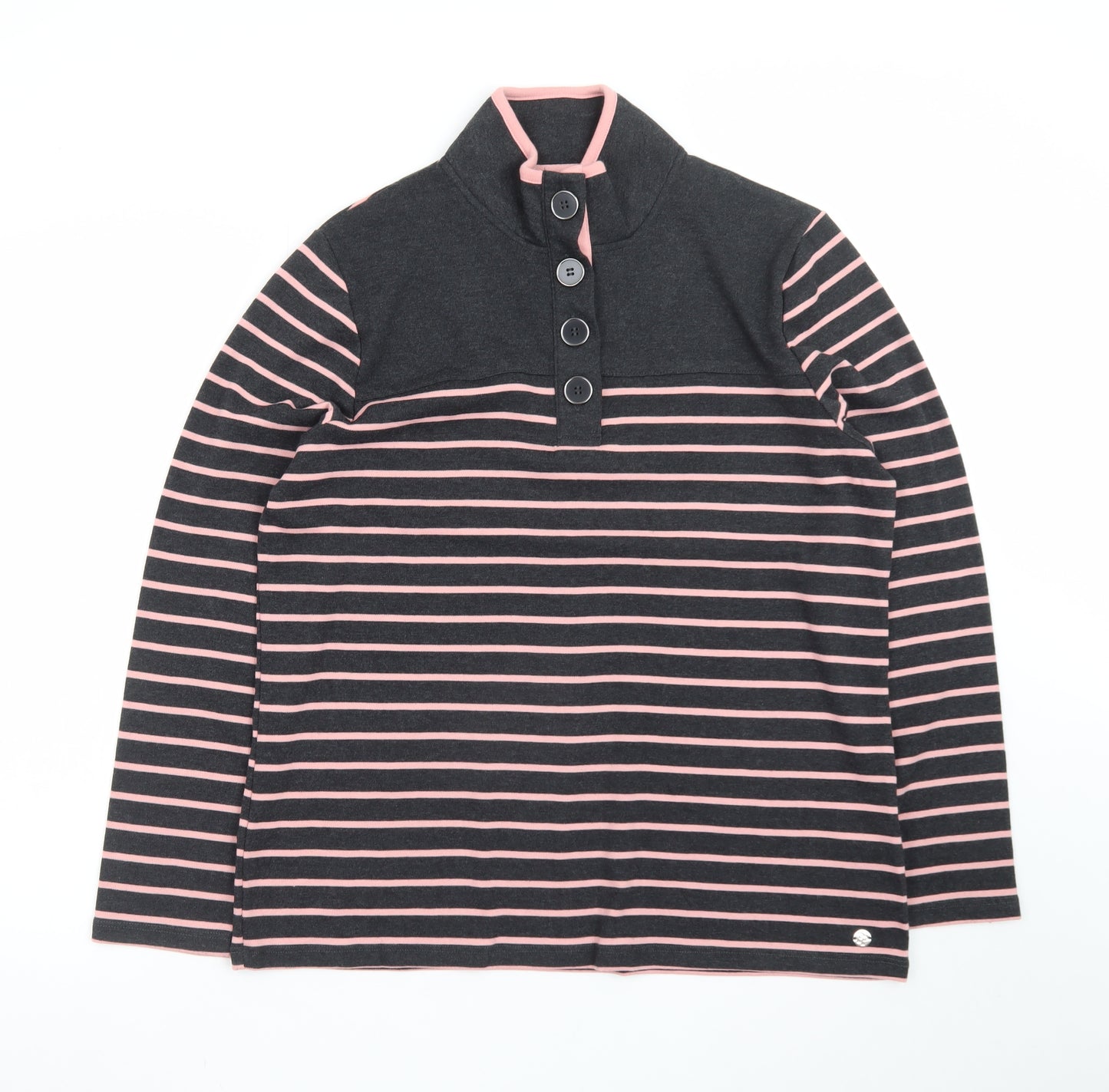 Penny Plain Women’s Black Pink Stripe Button Neck Long Sleeve Sweatshirt Size 14/16
