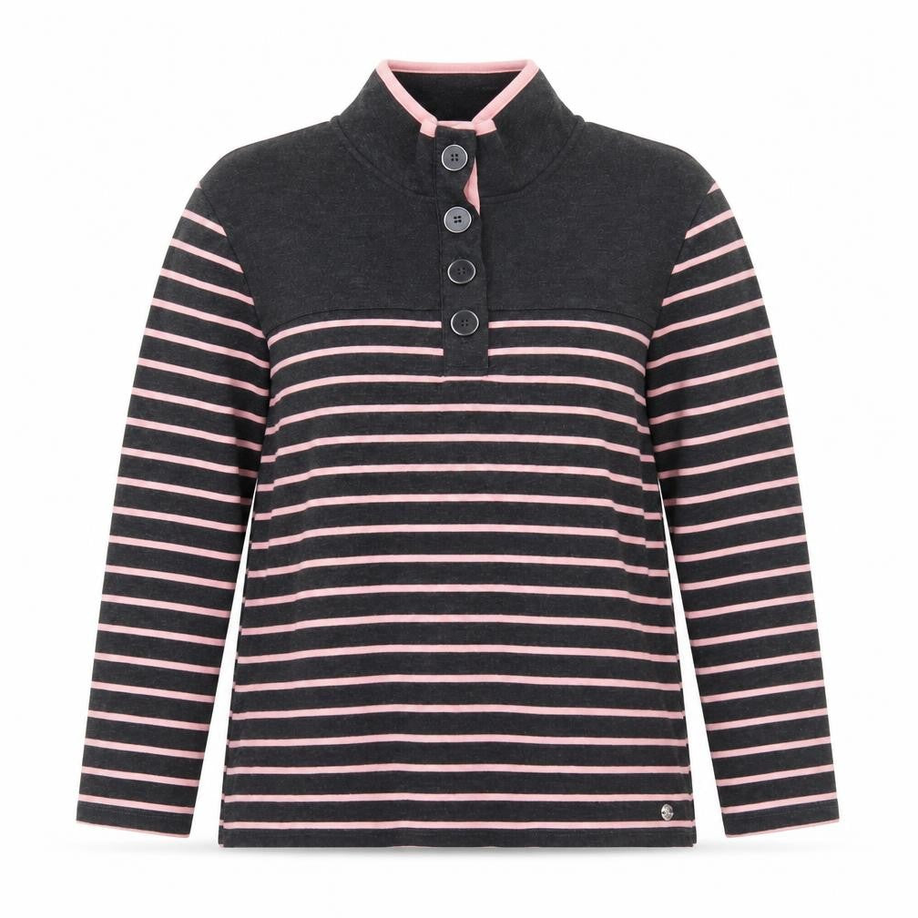 Penny Plain Women’s Black Pink Stripe Button Neck Long Sleeve Sweatshirt Size 14/16