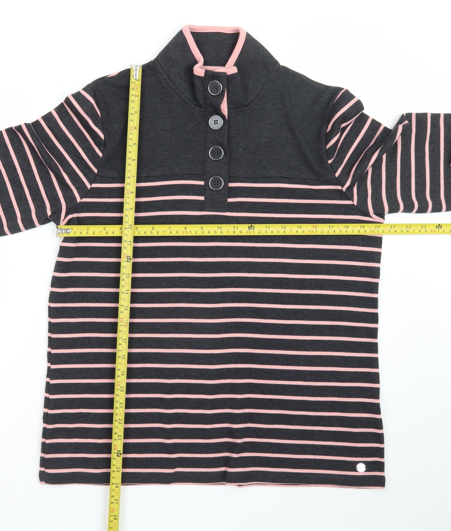 Penny Plain Women’s Black Pink Stripe Button Neck Long Sleeve Sweatshirt Size 14/16