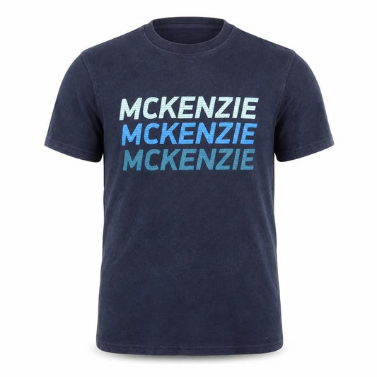 Front view of McKenzie Men's Blue Graphic Logo Crew Neck Short Sleeve T-Shirt, size S