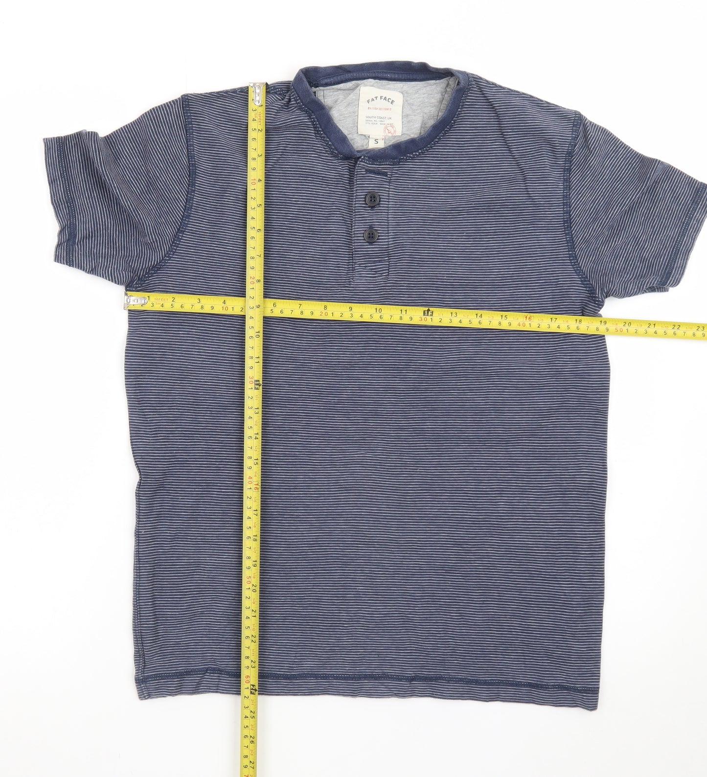 Fat Face Women Blue Striped Henley T-Shirt Size S Cotton