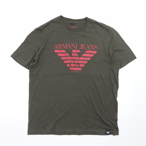 Armani Jeans Men's Khaki Green Crew Neck Logo T-Shirt Size L