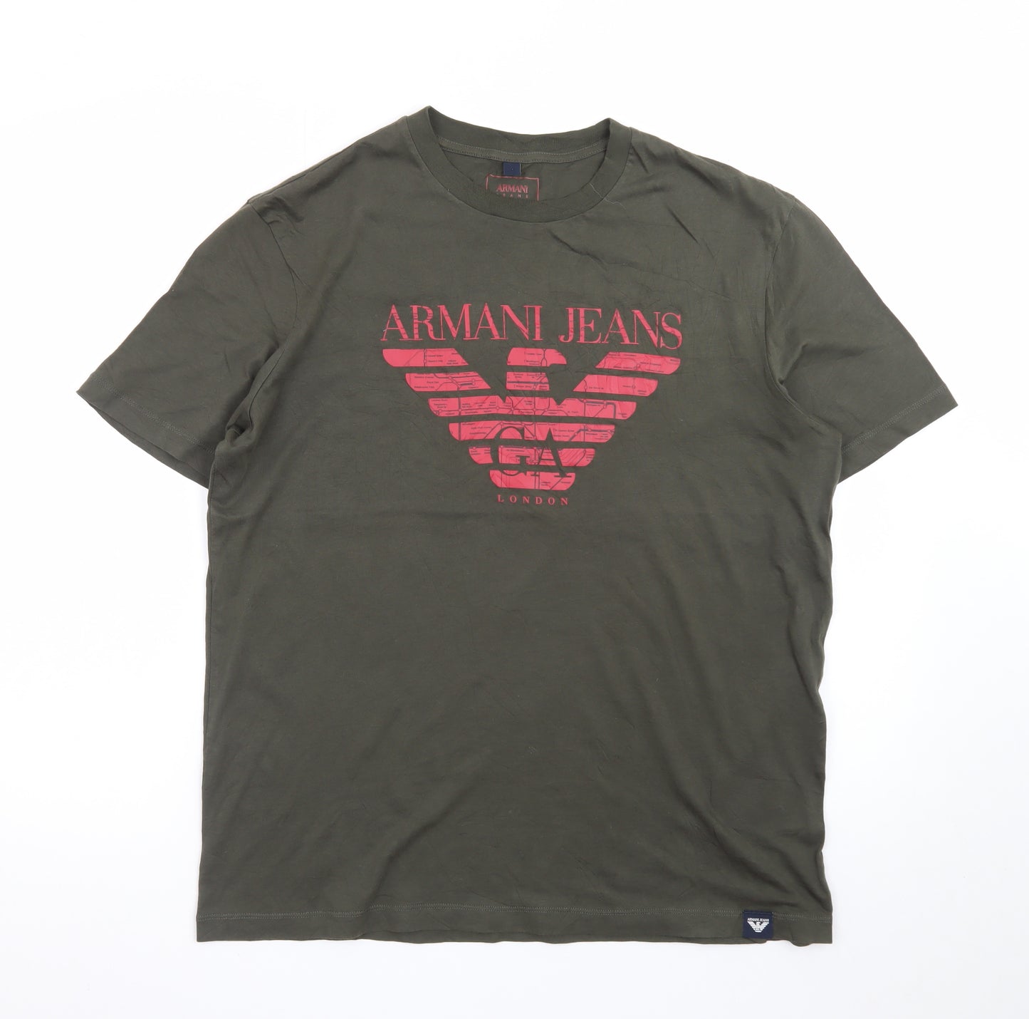Armani Jeans Men's Khaki Green Crew Neck Logo T-Shirt Size L