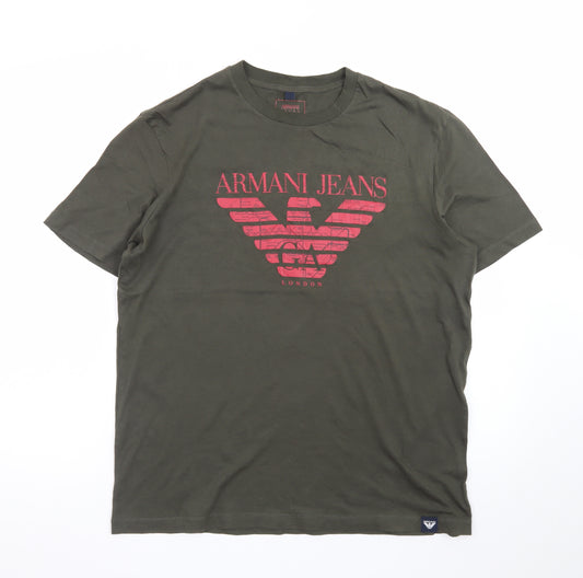 Armani Jeans Men's Khaki Green Crew Neck Logo T-Shirt Size L