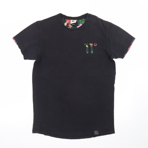 11 Degrees Men's Black Floral Trim Crew Neck Slim T-Shirt Medium