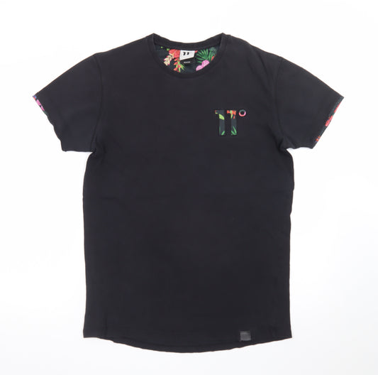 11 Degrees Men's Black Floral Trim Crew Neck Slim T-Shirt Medium