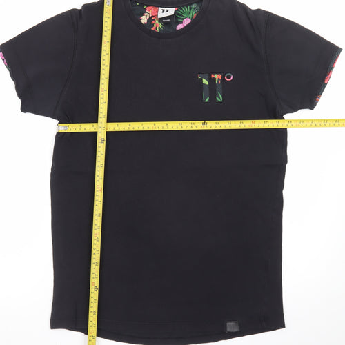11 Degrees Men's Black Floral Trim Crew Neck Slim T-Shirt Medium