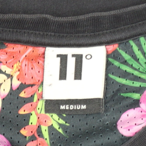 11 Degrees Men's Black Floral Trim Crew Neck Slim T-Shirt Medium
