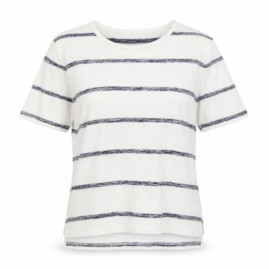 Front view of Banana Republic women’s white striped luxespun t-shirt, size M