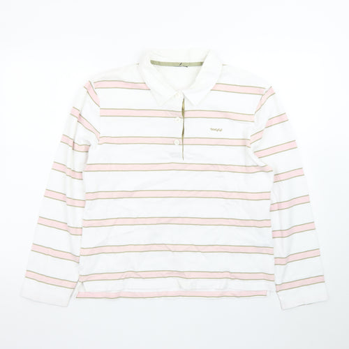 Toggi Women's White Pink Striped Cotton Long Sleeve Polo Shirt Size 14