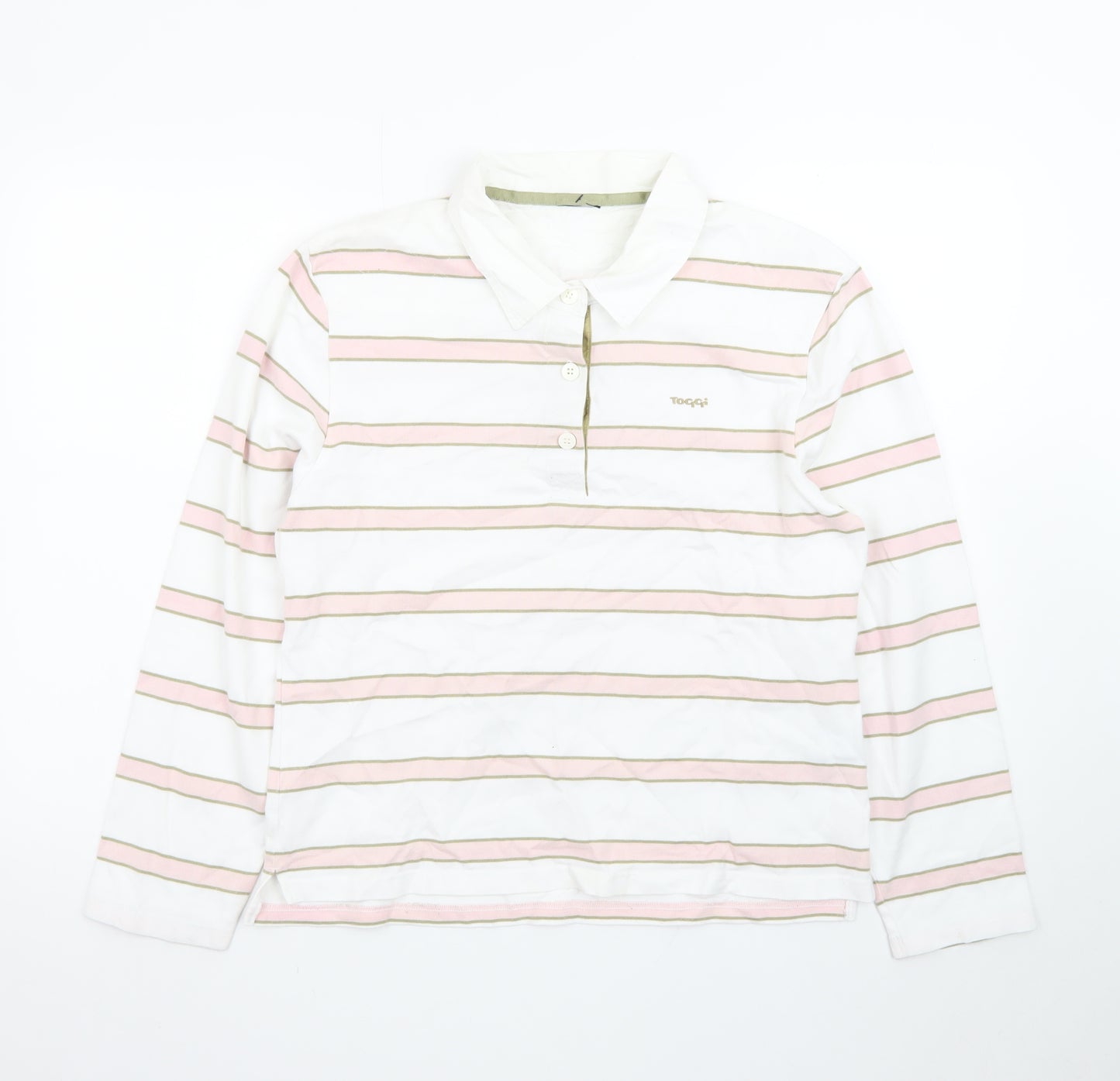 Toggi Women's White Pink Striped Cotton Long Sleeve Polo Shirt Size 14
