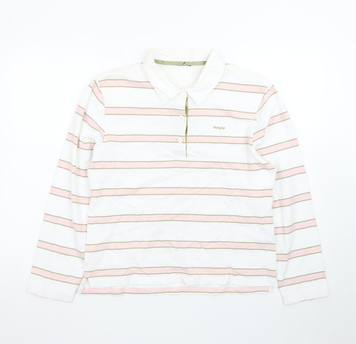 Toggi Women's White Pink Striped Cotton Long Sleeve Polo Shirt Size 14
