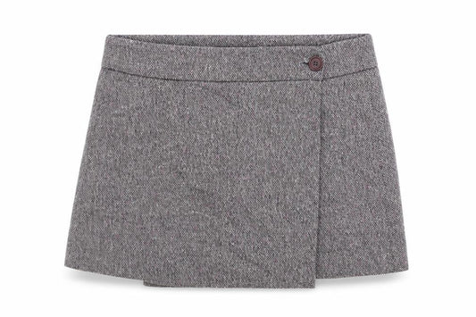 Front view of Great Plains Women's Grey Tweed Wrap Mini Skirt, size 10