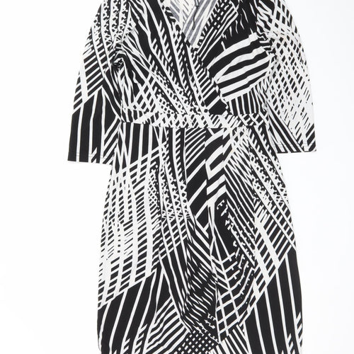 Izabel London Women Black Geometric V-Neck Wrap Jersey Dress Size 10