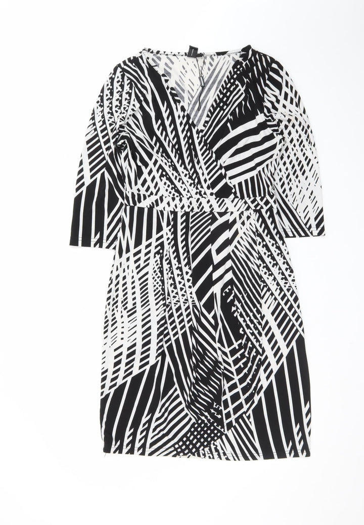 Izabel London Women Black Geometric V-Neck Wrap Jersey Dress Size 10